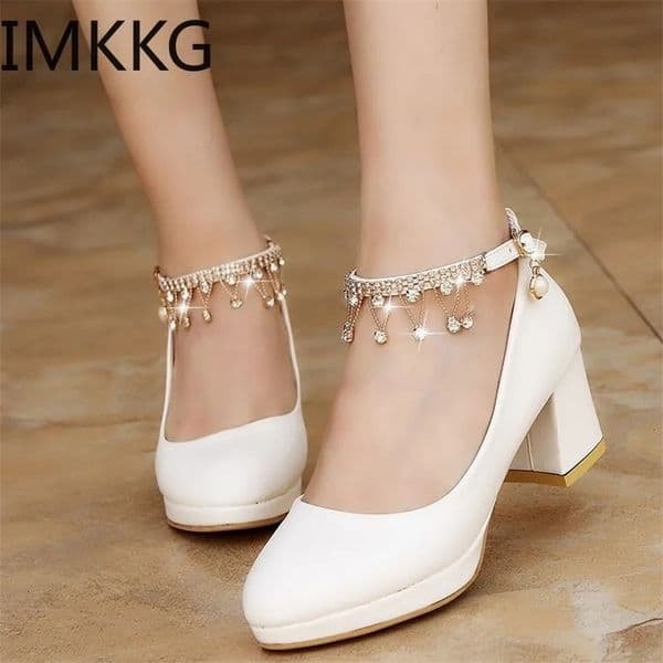 White womens wedding shoes with crystal forehead ankle shoulder straps bridal shoes womens dress shoes Heypump sweet party shoes 240925