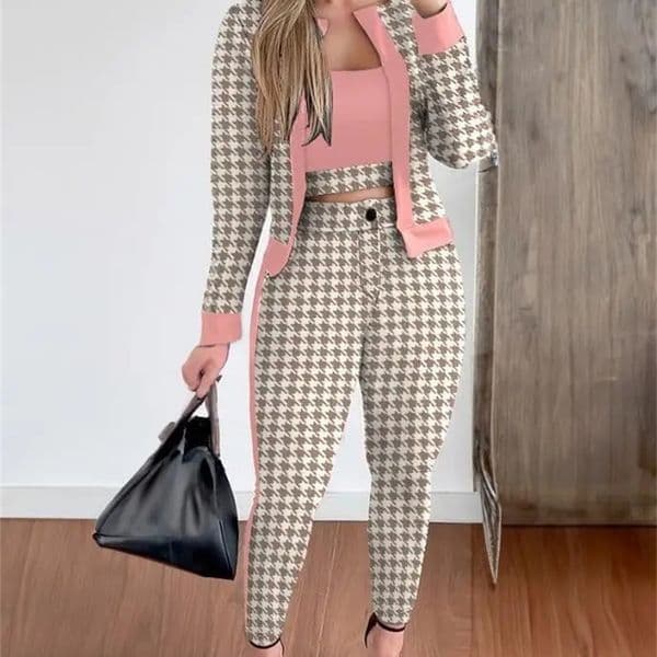 Two Piece Set Women Outfit Spring Fashion Plaid Print Contrast Paneled Open Front Long Sleeve Coat Elegant Skinny Pants Set 240826