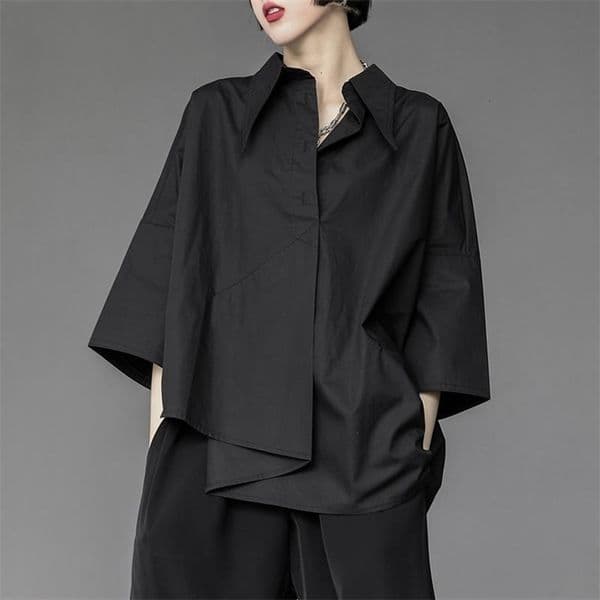 Women's Blouses Shirts QWEEK Women's Blouse Asymmetrical Harajuku Japanese Korean Style Black White Shirt Loose Button Up Tops Casual Summer Fashion 230316
