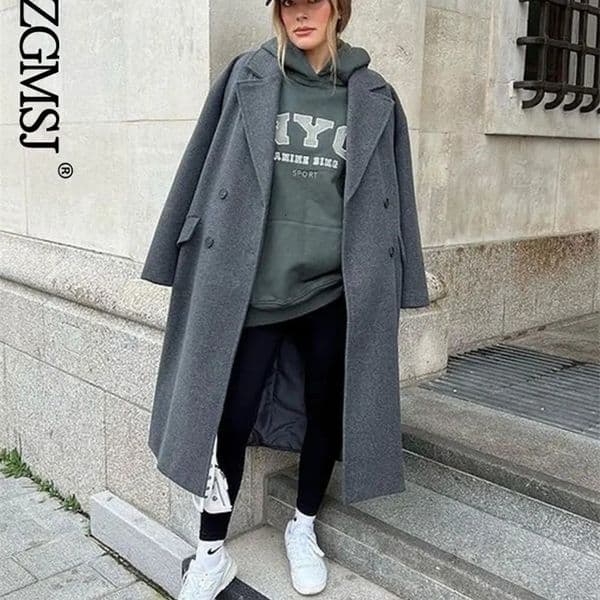 Nlzgmsj TRAF Women Winter Gray Thick Woolen Coats With Button Loose Long Sleeves Pocket Ladies Elegant OverCoat 10 240729