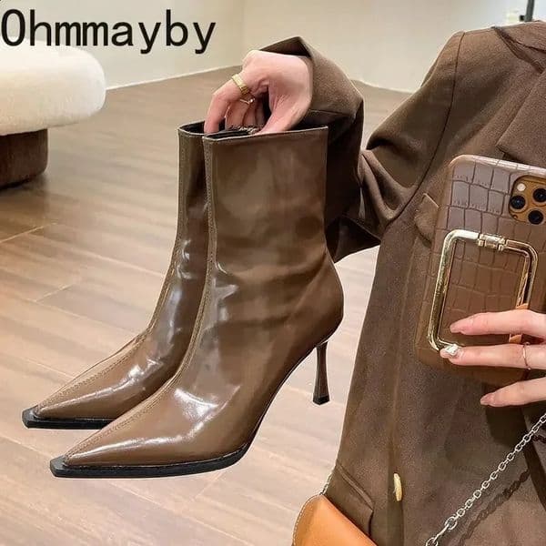 Autumn Winter Short Plush Women Ankle Boots Fashion Pointed Toe Ladies Elegant Chelsea Pumps Shoes Thin High Heel Short Boots 250122