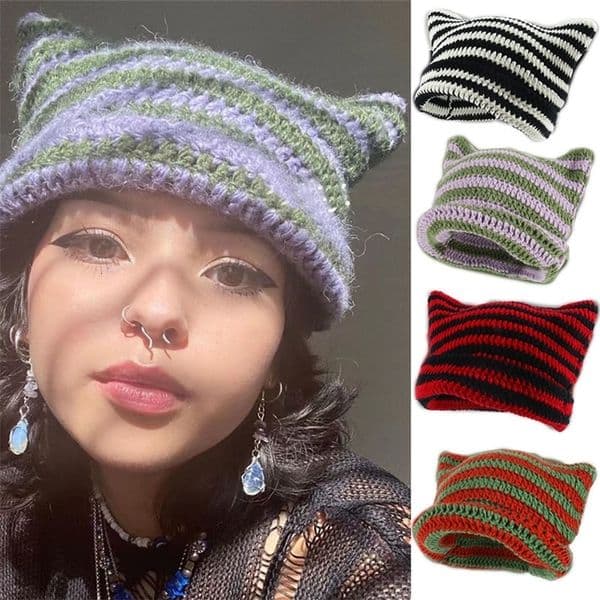 Beanie Skull Caps Striped Beanie with Cat Ear Women Contrast Cute Devil Horns Hat Girls Handmade Crochet Winter Warm Ski Cap For Halloween Gift 230831bj