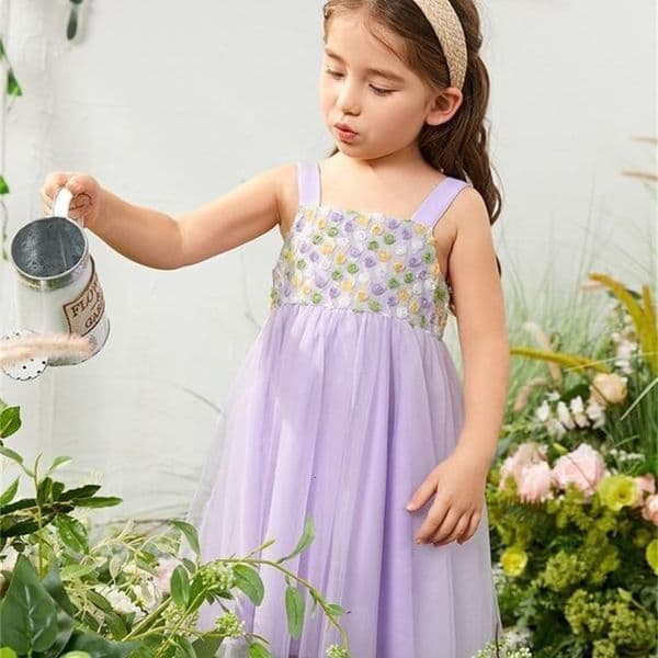 Toddler Girls Floral Pattern Mesh Flare Hem Dress SHE