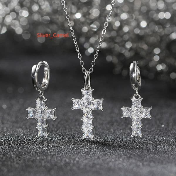 LZN1 RINNTIN Silver Cross Necklace Earrings Set 8A Premium Moissanite Wedding Jewelry Set for Women
