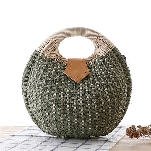 Womens Natural Rattan Handwoven Round Shell Handbag Top-handle Bag Summer Fashion Bohemia Female Casual Tote Clutch Beach Bag 240703