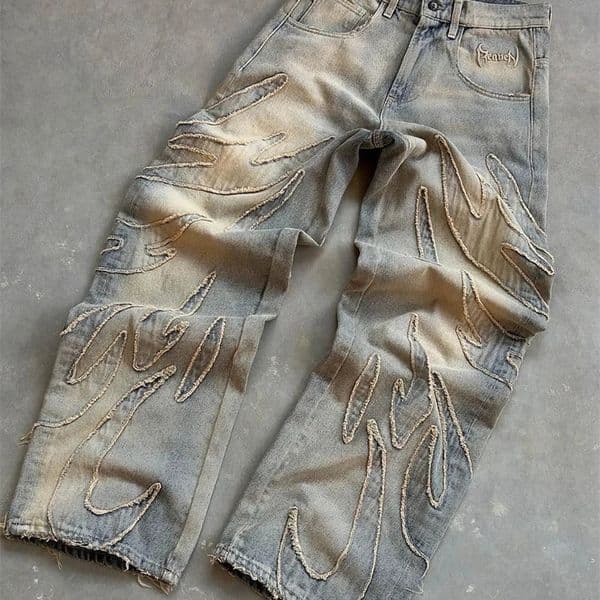 Vintage Raw Edge Embroidery Denim Pants Women Strtwear Distressed Patchwork Baggy Jeans for Men Y2k Straight Wide Leg Trousers Z260314