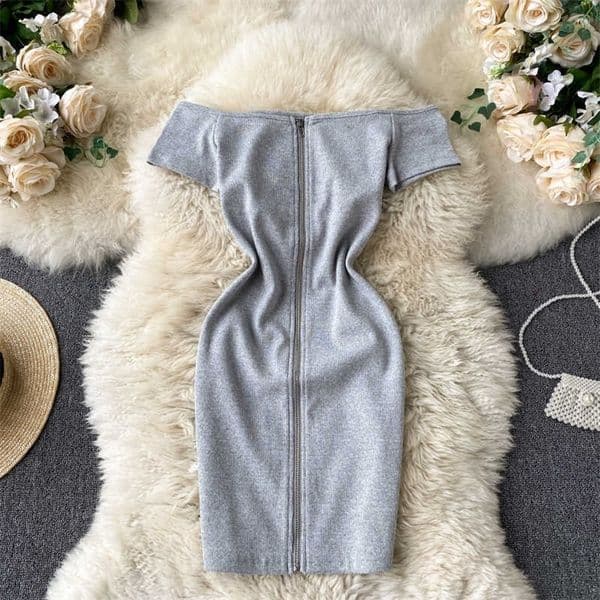 DEAT Women Slash Neck Straight Dress Solid Color Short Sleeve High Waist Zipper Slim Fashion Spring Summer 11B563 210709
