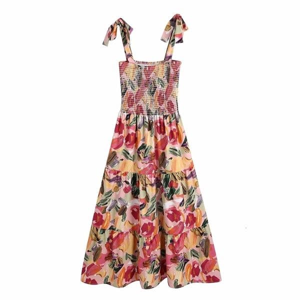 Summer Women Printed Dress Patchwork Strap Midi Dresses Chic Lady Fashion Casual Clothes 210517