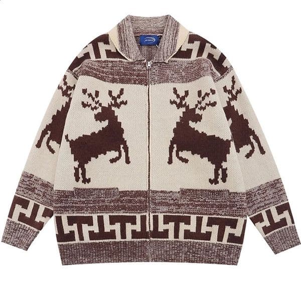 Hip Hop Elk Jacquard Cardigan Sweaters Y2K Vintage Knitted Punk Gothic Streetwear Jumpers Men Harajuku Fashion Zipper Cardigan 240913