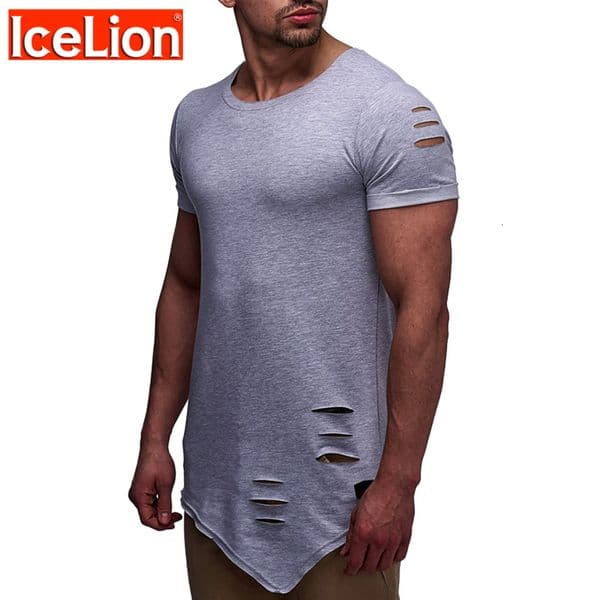 IceLion 2021 New Spring Irregular Hole T Shirt Men Casual Long Fitness T-shirt Summer Short Sleeve Solid Slim Fit Men's Tshirt 210225