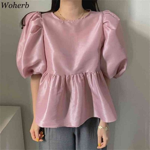 Elegance Streetwear Casual Loose Puff Sleeve Women Shirts Romance Tops Vintage Solid Kawaii Office Lady Blouses 210519