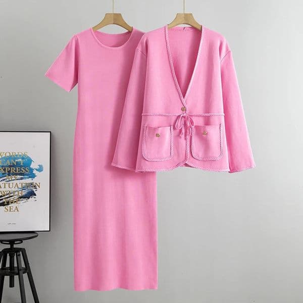 Elegant Dress 2 Piece Skirt Set Office Lady Casual Fashion Knitted Pieces For Women Long Sleeves Patchwork Coat Dresses 240627
