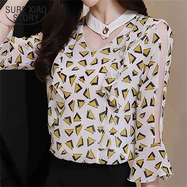fashion chiffon women blouses print casual female tops flare sleeve V-neck women's clothing blusas D639 30 210506