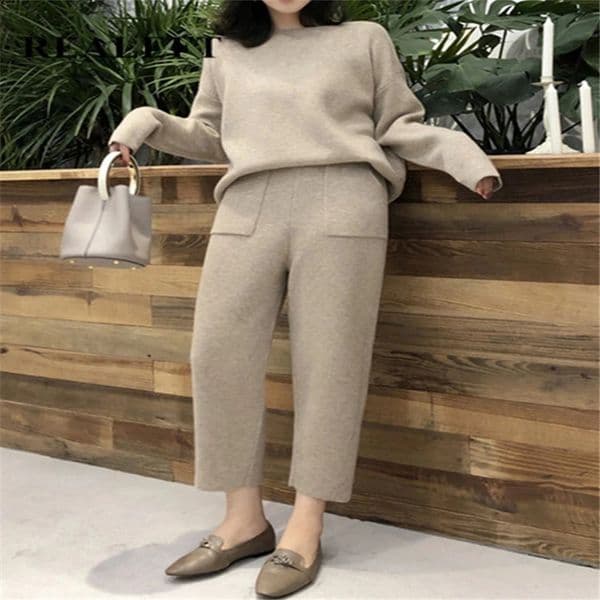2piece womens warm knitted track suit autumn Oneck sweater and casual injury pants zipper set 240814