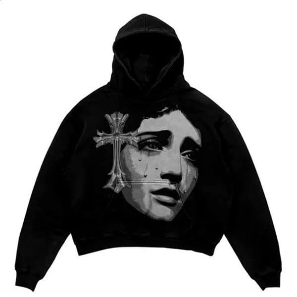 2000s Vintage Mens Streetwear Portrait Comic Print Long Sleeve Oversized Hoodies Y2K Gothic Harajuku Pullovers Sport Clothes 240911