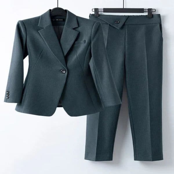 Gray Womens Suit Sets Notch Collar Blazer Pencil Pants Formal Pantsuit For Professional Outfits Women Jacket 240327