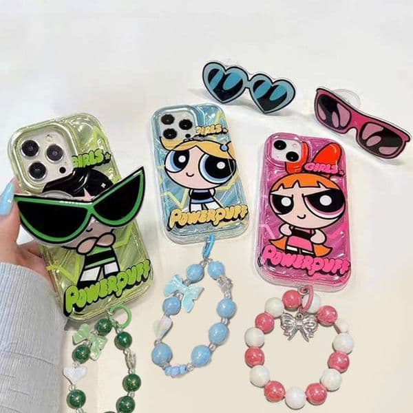 Trendy Cartoon Police Girl Sunglasses Stand Phone Case for iPhone 16 Pro, Apple 14 Bracelet Soft Protective Cover