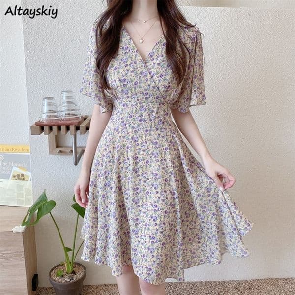 Basic Casual Dresses M-3XL Dresses Women Summer Chic Soft Lady V-neck Stylish Tunic Slim Beach Simple Print Tender Sweet Holiday Vestidos 230519