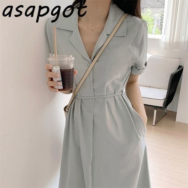 Dresses Chic Korean Summer Elegant Plus Size Short Sleeve Turn Down Collar Dress Women Lace Up Waist Minimalist Bandage 210429