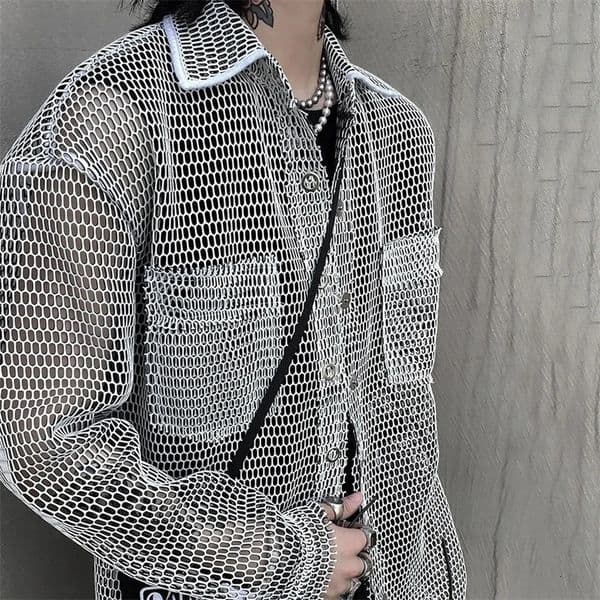 Mens Harajuku Mesh Top Shirt Mens Casual Loose Oversized All Match Blouse Harajuku Streetwear Vintage Korean Blusas Sunscreen 240318