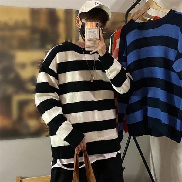 Stripe Knitted Sweater Men Autumn Winter Baggy Long Sleeves Tops Fashion All-Match Trend Streetwear Ins Vintage Y2K Male Clothes 240703