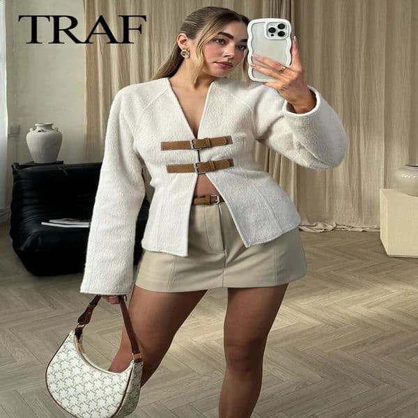 TRAF Woman Vintage White Leather Buckle Woolen Jacket Female Elegant Long Sleeve Single Breasted Coat Lady Spring Sweater 240904