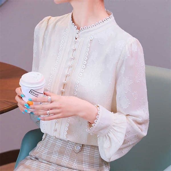 Korean Women Blouses Long Sleeve Shirts Woman Embroidery Print Blouse Tops Plus Size Chiffon Beading Top XXL 210531