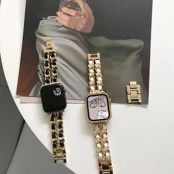 Double row metal denim chain with blackwhite leather Watch Band 22mm3849mm Womens Bracelet for iWatch Ultra 81 Z250924