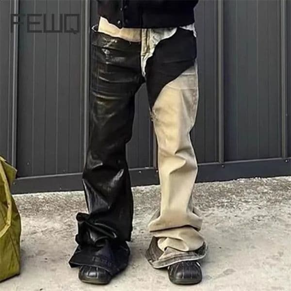 FEWQ Men Pants Washed Spliced Brushed High Street Niche Stacked Jeans Versatile Contrast Color Fashion Autumn 240912