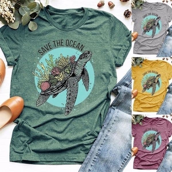 SAVE THE OCEAN Letter Sea Turtle Growing Coral Print T Shirt Women Cute Graphic Tshirts Causal Harajuku Vintage Ladies Tshirt T200614
