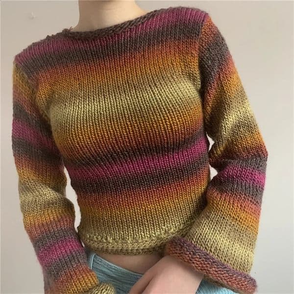 Doury Rainbow Curled Sweater Women Fashion Flared Long Sleeve Loose Knitted Pullovers Fairy Harajuku Vintage Clothes Autumn 240912