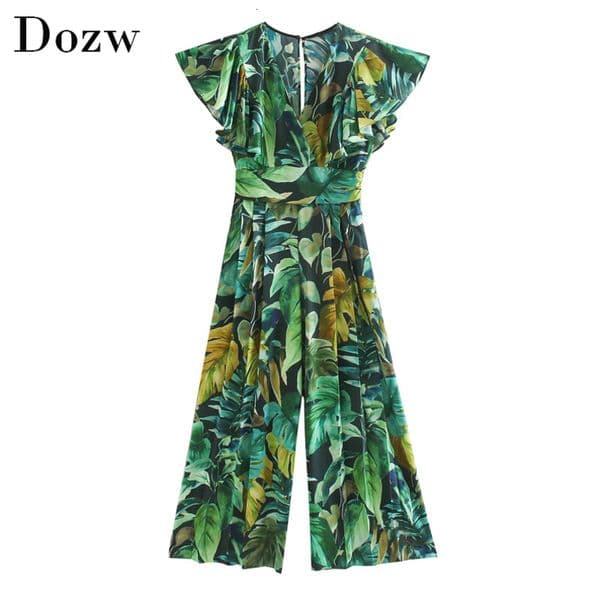 Women V Neck Boho Printed Jumpsuit Romper Vintage Ruffle Pleated Bodysuit Back Hollow Out Loose Playsuit Ropa Mujer 210414