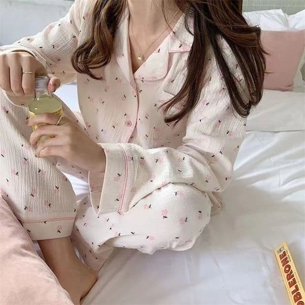 Women's Sleepwear Korean Pajama Mujer Floral Sweet Heart Print Cotton Yarn Sleepwear Set Long Sleeve Cardigan Homewear Skin-Friendly Breathable 230309
