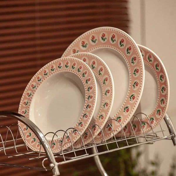 Flower Pattern Ceramic Plates Chinese Style Household 8 Inch High Aesthetic Kitchen Tableware Creative Pink Sweet Dinner DishesXJ250924