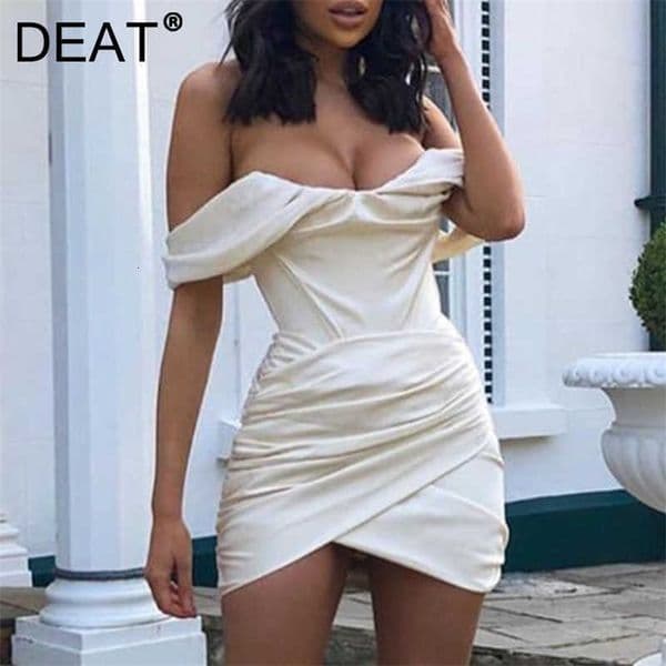 DEAT Women Pleated Dress Slash Neck Sleeveless Arrivals Lady Sexy Backless Fashion Spring Summer 11D1102 210709