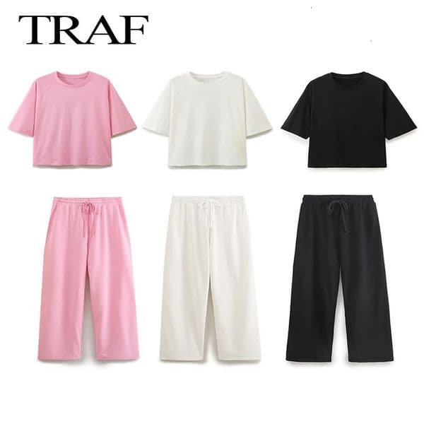 TRAF Women Spring Soild Casual O Neck Tshirt Set Vintage Short Sleeve Shirts Top Elastic Waist Loose Trousers Outfits 240428