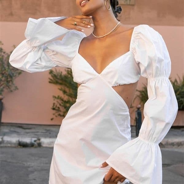 OOTN Sexy Street Summer Dress Hollow Low-Neck Puff Sleeve Stretch Women Bodycon Dress Mini Club Y2k Female Pencil Dress Pleated 220511