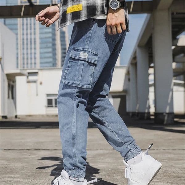 Spring Autumn Mens Jeans Multi-Pockets Work Wear Cargo Pants Black Blue Elastic Waist Denim Joggers Big Size Jean Trousers 8XL 250226