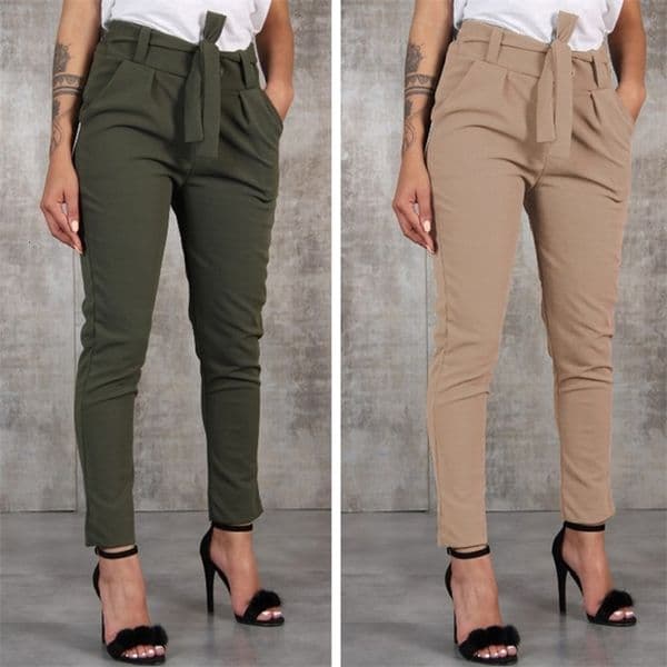 Women's Pants Capris GAOKE Casual Slim Chiffon Thin Pants For Women With Sash High Waist Black Khaki Green Pants Woman Trousers 230321