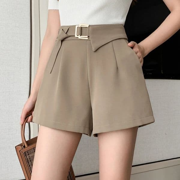 Khaki Casual Summer Woman Short With Metal Button High Waist Work Wear Wide Leg Pants Female 240529