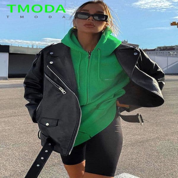 Womens Leather Faux T MODA Spring Autumn Jackets Women Loose Casual Coat Female Dropshoulder Motorcycles Locomotive Outwear With Belt 230215