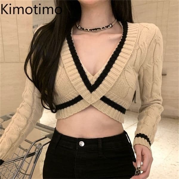 Women's Knits Tees Kimotimo Irregular Cross Striped Sweater Women Autumn Winter V Neck Sexy Slim Crop Pullover Korean Chic Temperament Knit Tops 220914