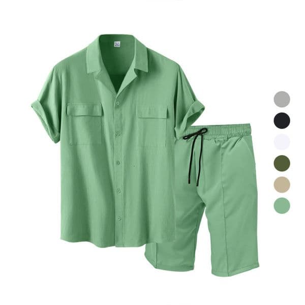 Casual Fashion Mens Suit Summer Beach Style Solid Color Shirt Short Sleeve and Shorts TwoPiece Set Clothing 250924BJ
