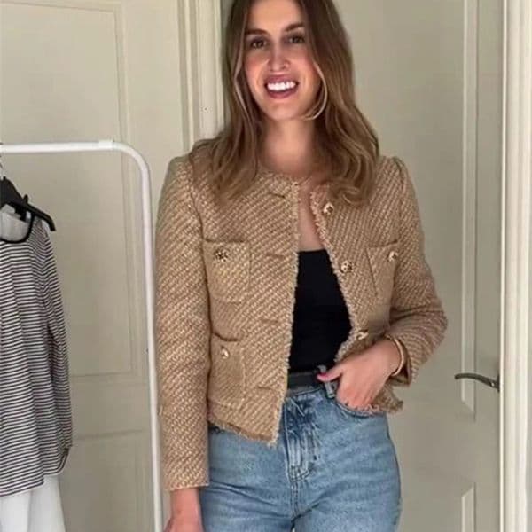Short Womens Tweed Jacket Coat Single Breasted Pocket Office Chic Long Sleeve Jackets Casual Loose Blazer Street Ladies Outwear 240830