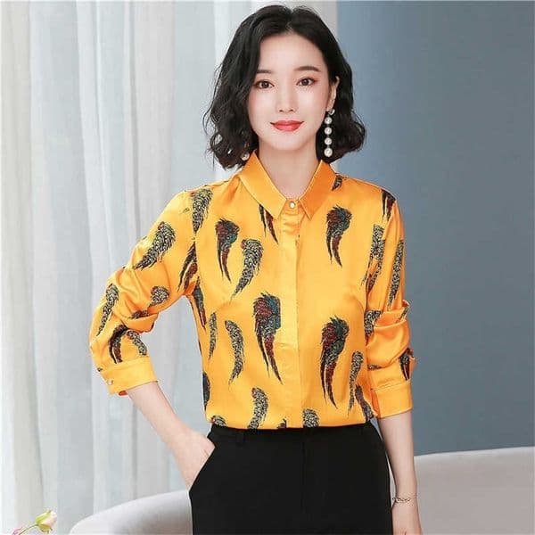 Korean Fashion Silk Women Blouses Office Lady Feather Pattern Shirt and Blouse Satin Womens Tops Plus Size XXXL 210531