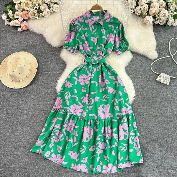 Summer Vintage Women Printed Long Dress Elegant TurnDown Collar Single Breasted Short Sleeve High Waist ALine Maxi Vestido 240428