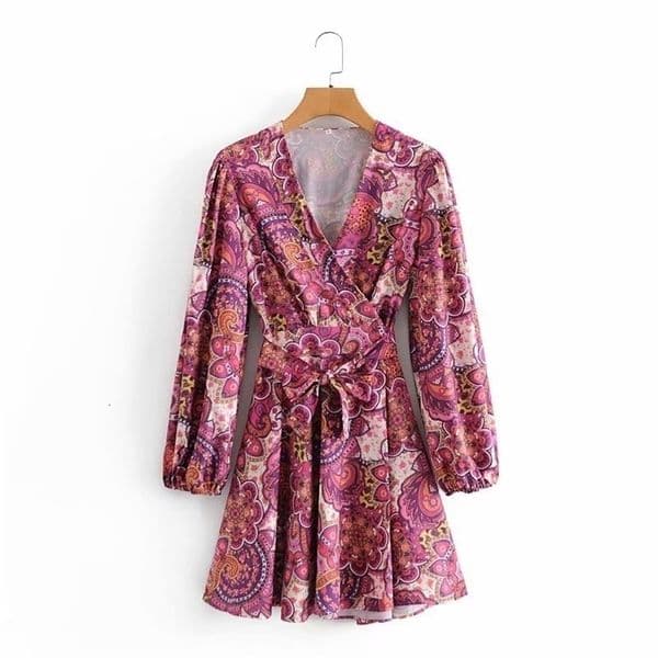 PUWD Casual Women V Neck Bow Lace Dress Spring-autumn Fashion Ladies Beach Style Female Printed Waist Mini 210522