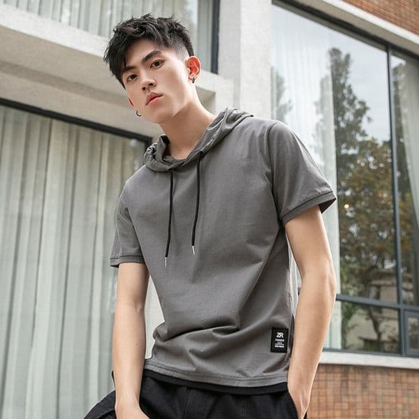 BROWON False Two Short Sleeve T-shirt Men's Hoods Casual Loose Summer New Solid Color Stitching Cotton Top Tee 210225