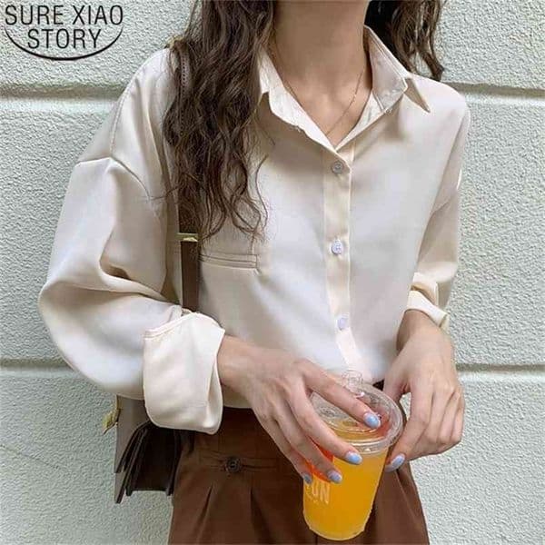 Vintage Long Sleeve Blouse Women Blusas Mujer De Moda Fall Temperament Solid Loose Office Lady Chiffon Shirts Tops 12347 210506