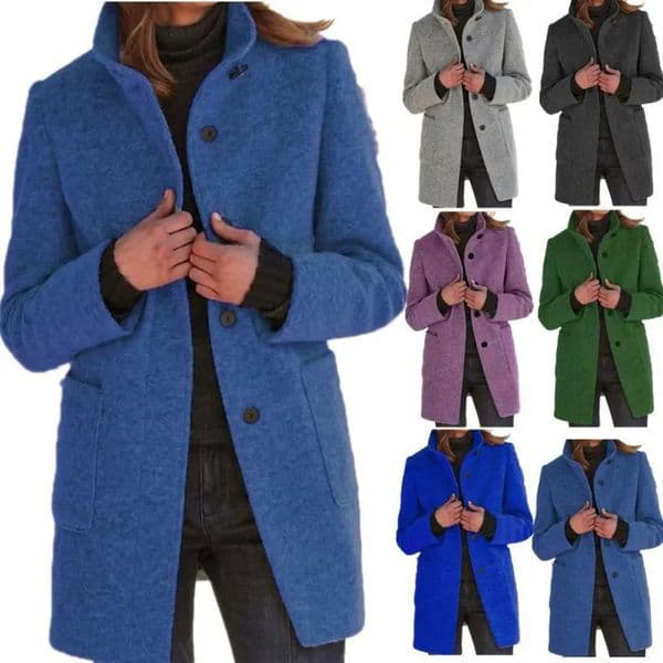 Vintage Women Overcoat Solid Button Stand Collar Woolen Coat Female Autumn Winter Fashion Long Casual Thick Ladies Jacket 240108